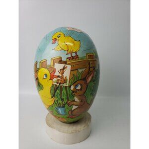 Vtg Easter Egg Container Bunny Rabbit Ducklings Papermache Cardboard 7 x 5 Inch